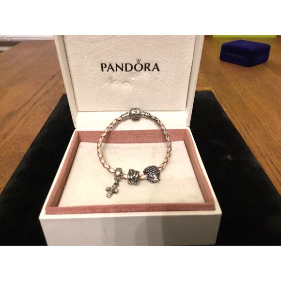 Pandora braided leather Bracelet w/3 ALE 925 charms Hedgehog,Cross,Bead In Box - Picture 1 of 10